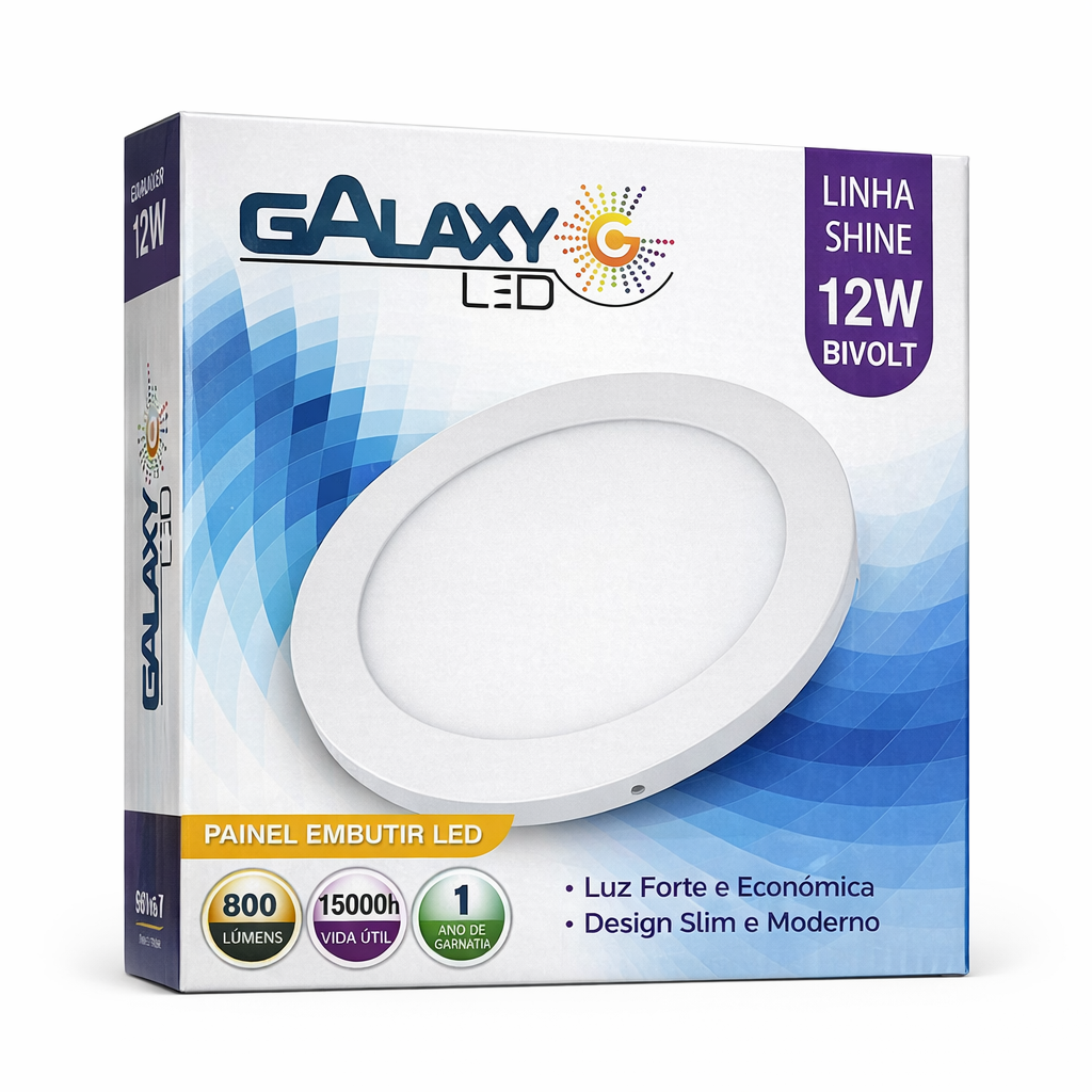 Painel LED Embutir 12W Redondo Galaxy Luz Fria Bivolt Slim