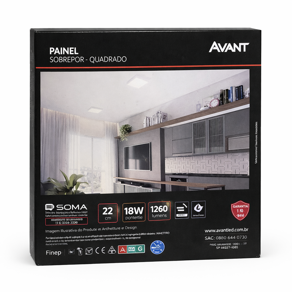 Painel LED Quadrado 18W Sobrepor Avant 22x22 Ultra Slim Branco