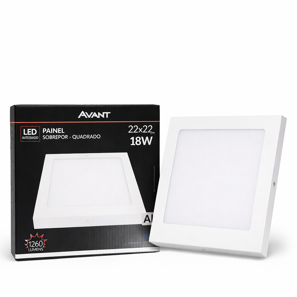 Painel LED Quadrado 18W Sobrepor Avant 22x22 Ultra Slim Branco