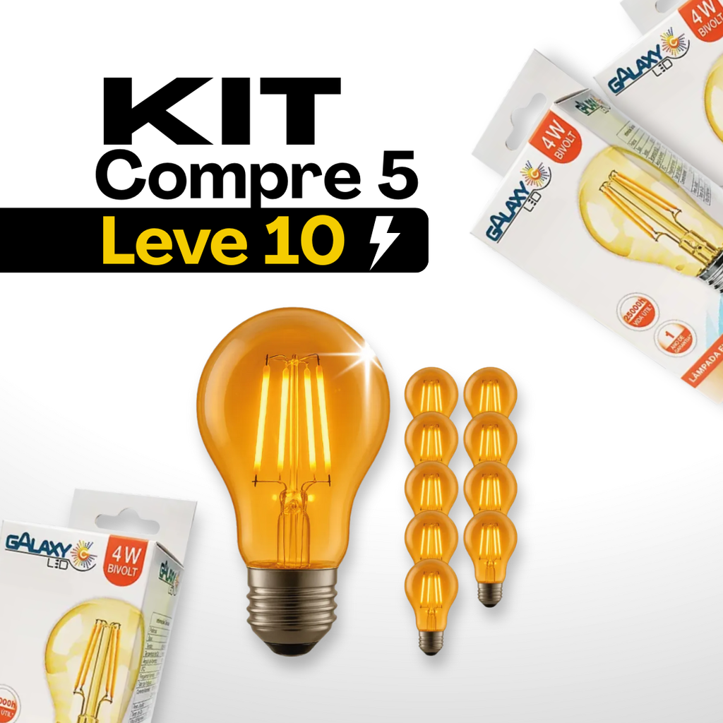 COMPRE 5 LEVE 10 - Lâmpada Filamento A60 Luz Âmbar - Galaxy LED